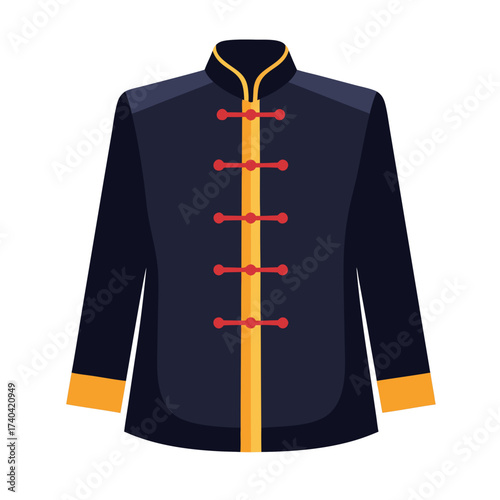 black traditional Chinese jacket with red button and collar accents
