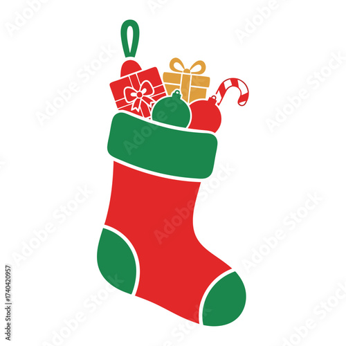 Red Christmas stocking filled with gifts and candy