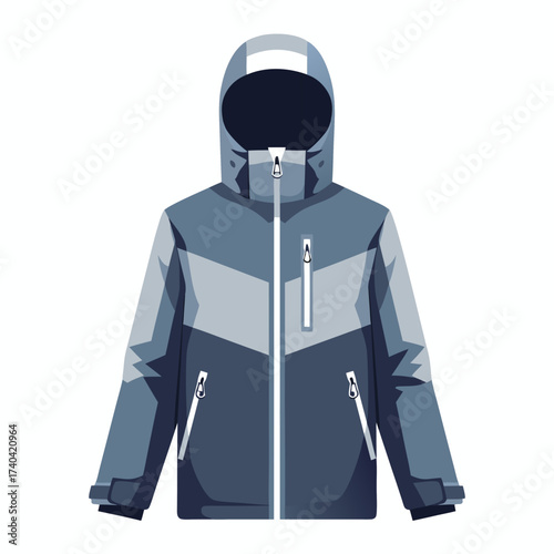 grey and blue insulated winter jacket with hood designed for cold weather