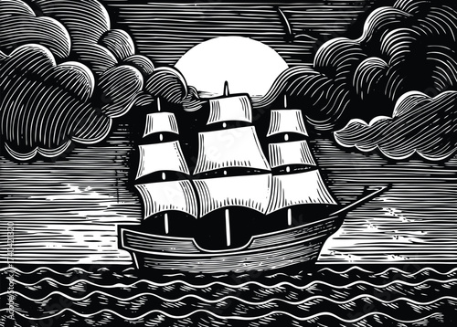 Majestic tall ship sailing on vast ocean under glowing moon, evoking adventure and maritime history in a striking vintage woodcut style graphic