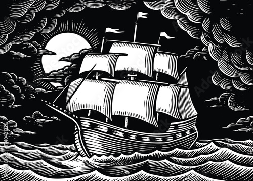 Dramatic woodcut of a majestic sailing ship navigating stormy seas under a bright moon, evoking adventure and nautical history with a vintage aesthetic