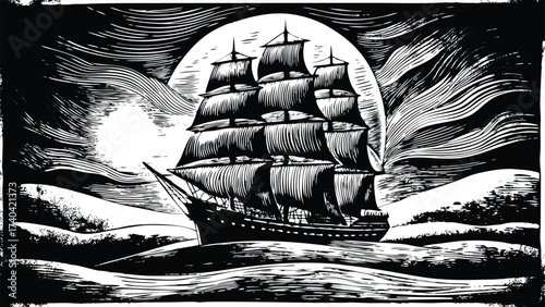 Dramatic woodcut illustration of a majestic sailing ship at sea under a full moon, evoking adventure, history, and nautical themes, created from scalable vector art