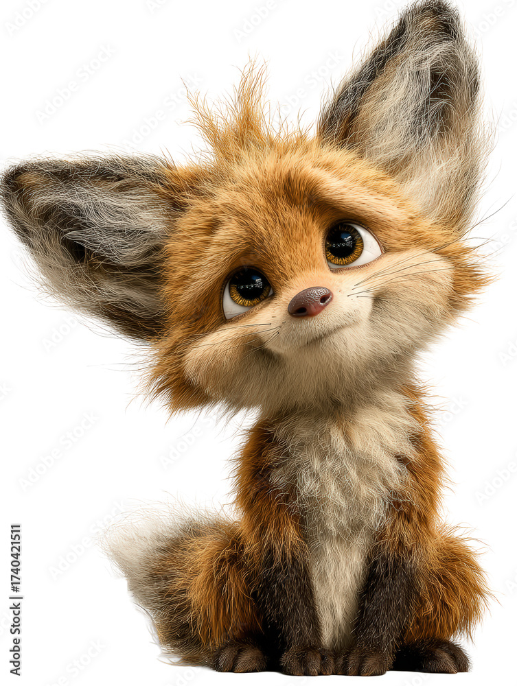 Obraz premium Cute cartoon fox with big ears and fluffy tail, isolated on transparent background