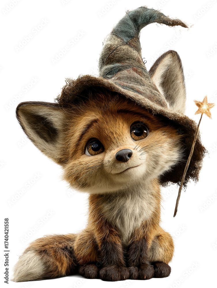 Obraz premium Cute cartoon fox wearing a wizard hat and holding a magic wand, isolated on transparent background