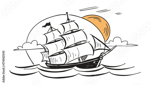 Majestic sailing ship gliding across the ocean waves at sunset, capturing adventure and timeless nautical charm, perfect for travel and historical themes