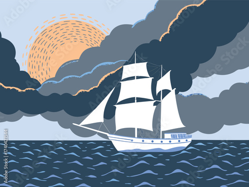 Vintage sailboat sailing into the sunset, navigating ocean waters under a cloudy sky, evoking adventure and nostalgia with retro nautical charm