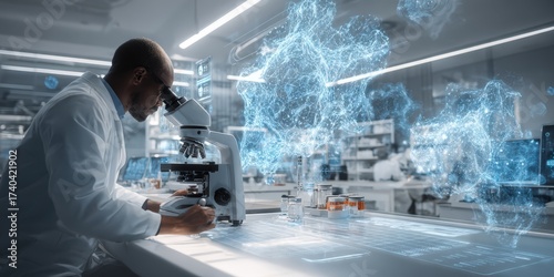 Modern laboratory scene featuring scientist using microscope in professional research environment with advanced scientific equipment and innovative technology