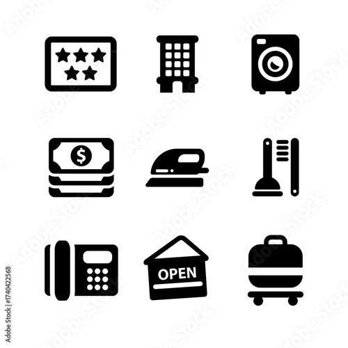 Hotel Service Icons Star Rating, Laundry, and Amenities for Travelers