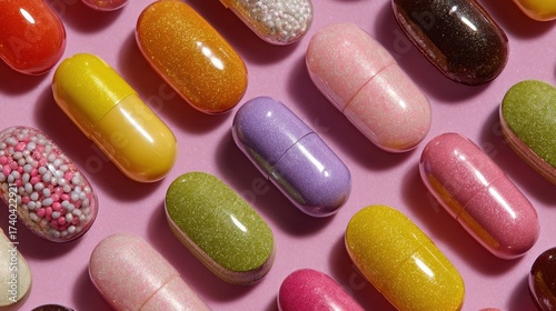 Close up shot of colorful pills and capsules on a pink background