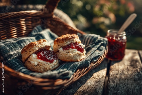 Freshly baked scones with jam and cream in a rustic basket