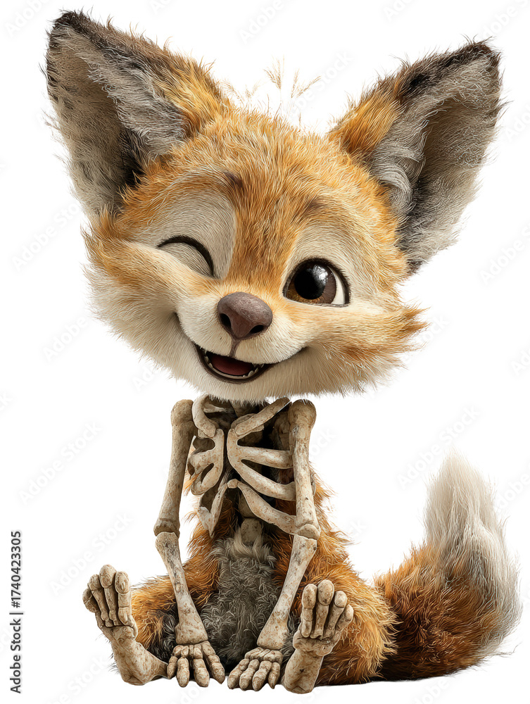 Fototapeta premium Playful cartoon fennec fox with skeleton body, winking, isolated on transparent background