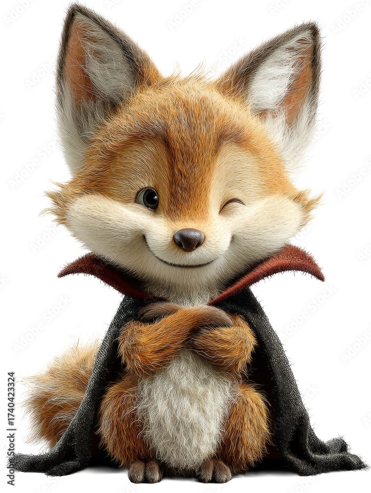Fototapeta premium Winking cartoon fox with a cape, isolated on transparent background