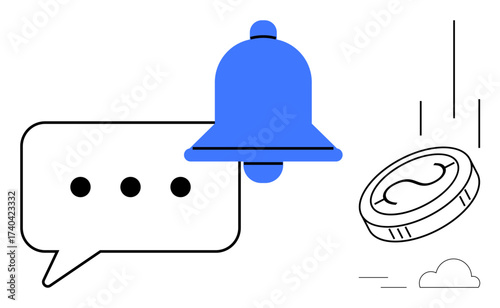 Notification bell with chat bubble and falling coin representing alert, communication, financial gain, or business updates. Ideal for messaging, marketing, income, fintech apps startups. Simple