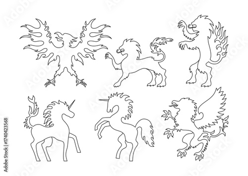 Heraldic animals for coat of arms set. Heraldry crest elements line mascots lion, unicorn, eagle and fantasy griffin contour collection. Medieval emblems for kingdom vector graphic illustration