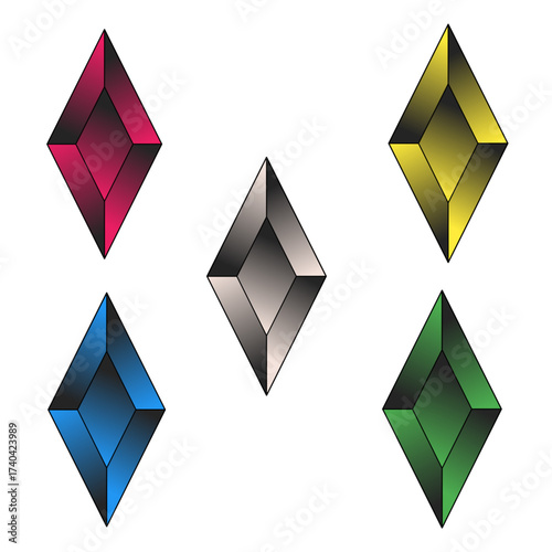 five stylized, rhombus-shaped gems are arranged in a pattern: red, blue, silver/gray, yellow, and green