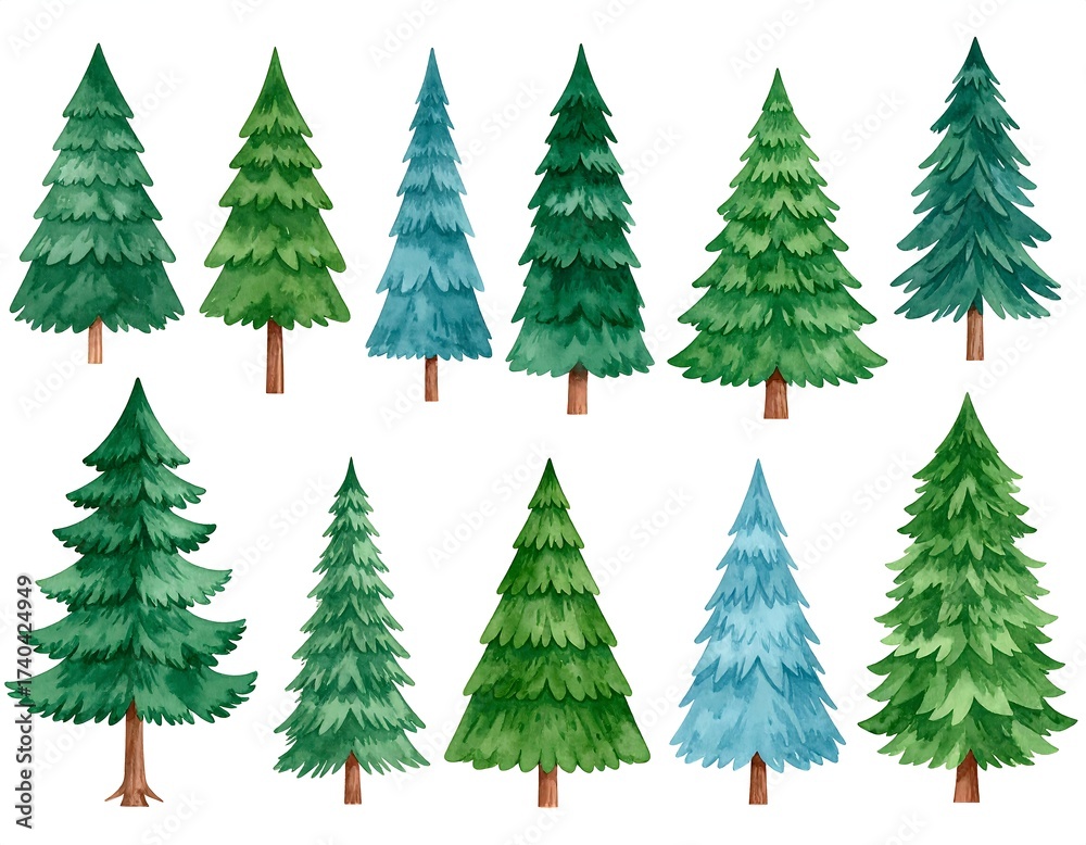 Fototapeta premium Watercolor Christmas tree illustrations
