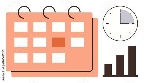 Calendar with marked date, clock highlighting time, and bar graph representing growth or progress. Ideal for planning, scheduling, time management, productivity, performance tracking, efficiency