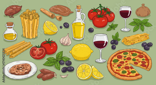 A vibrant hand-drawn illustration capturing the essence of Italian cuisine elements