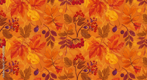 Autumnal delight: Seamless pattern featuring fall leaves and berries on warm tones