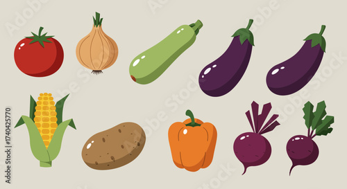 Cartoon vegetable assortment featuring tomato, onion, zucchini, eggplant and more