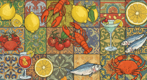 Colorful Mediterranean Flavors: Seafood, Citrus Fruits, and Cocktails on Tiles