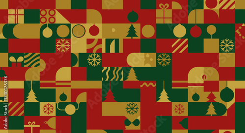 Festive geometric Christmas pattern with retro color palette for season greetings