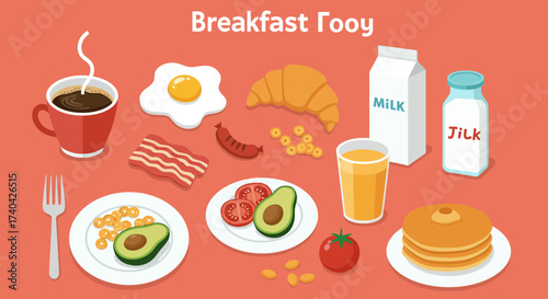 Isometric breakfast foods with various dishes in a cartoon style illustration