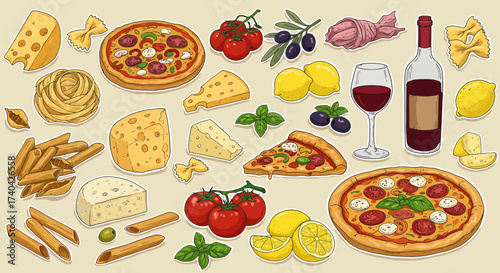 Italian cuisine delights: A vibrant illustration showcasing pizza, pasta, cheese, wine and other ingredients