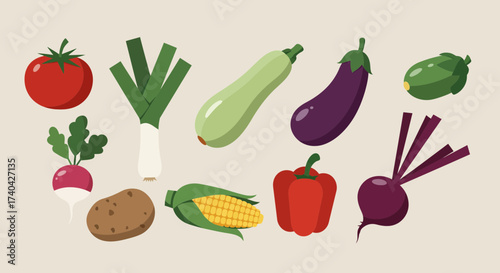 Vibrant flat illustration showcasing diverse and colorful vegetables assortment