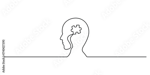 Head with puzzle pieces in one continuous line drawing. Solving psychological challenges and finding balance, Alzheimer s day simple background, web banner, poster. Doodle vector illustration