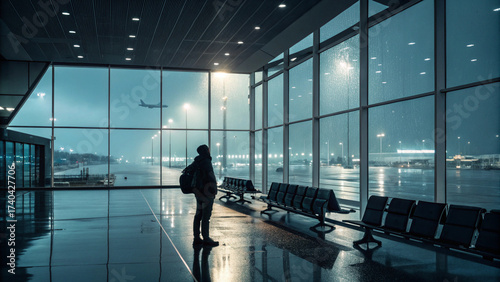 Traveler in a modern airport lounge at night, watching planes in the rain. Transit, in-between spaces, contemplative travel, and finding beauty in infrastructure.