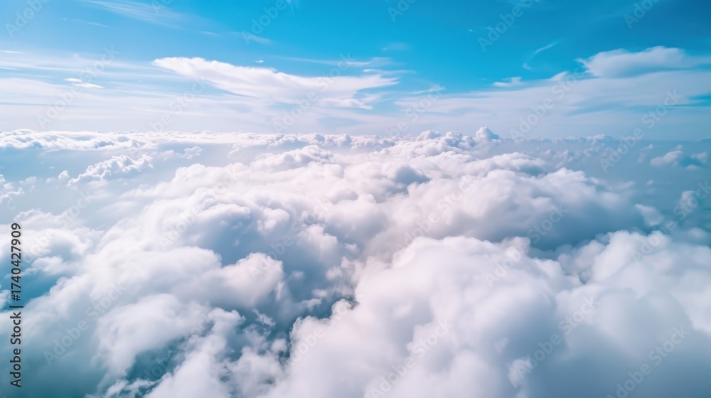 Fototapeta premium Aerial Views of the Blue Sky, White Cumulus Clouds and Sunny Day Landscape