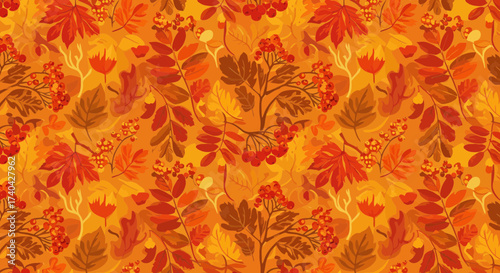 Warm autumn seamless pattern with seasonal fall foliage and berries design