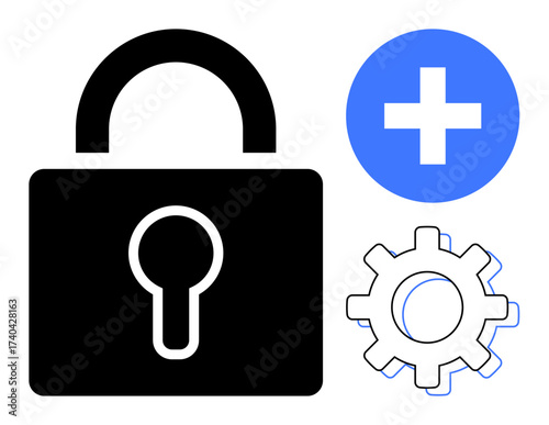 Black padlock symbol alongside blue gear and plus sign evokes data security, system setup, and feature enhancement. Ideal for cybersecurity, privacy, tech upgrades, configuration, software, firewall
