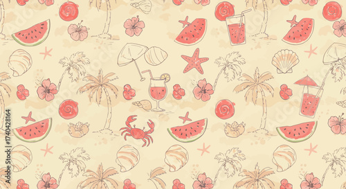 Whimsical Summer Beach Pattern with Tropical Elements in Light Beige and Pink Hues