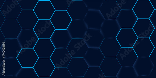 Abstract hexagon pattern background - futuristic sci fi honeycomb grid, glowing blue neon lines on dark. Geometric vector graphic design for digital interfaces, HUD displays and gaming backdrops.