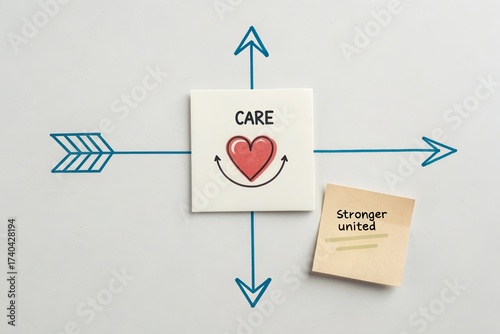 Arrows converging on a heart symbolizing care and unity