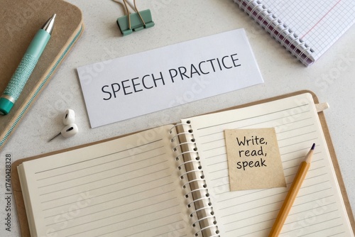Top down view of notebook with Speech Practice written on it