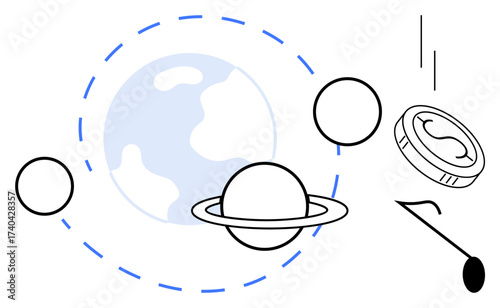 Planet with orbiting rings and floating coins signifying space, economy, and innovation. Ideal for finance, sustainability, economy, astronomy, technology education teamwork. Simple flat metaphor