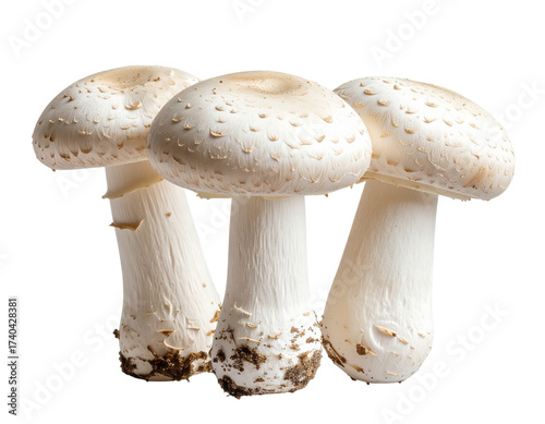 Trio of Tall White Mushrooms with Natural Texture Isolated