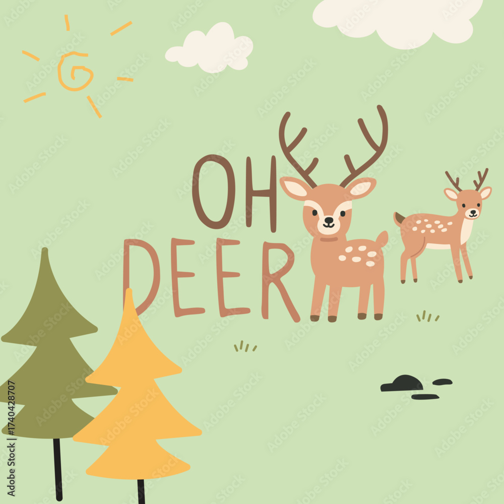 Fototapeta premium Deer Cute Kids Style Vector Set
