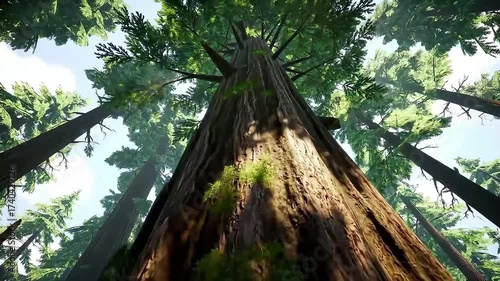 Discover the breathtaking beauty of towering redwood trees from a low angle gazing up at majestic green canopies against the bright blue sky Immerse in serene f