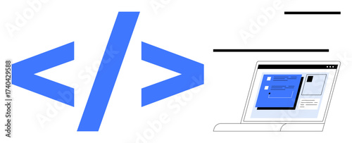 Blue HTML tag with forward and backslashes next to a laptop displaying written code. Ideal for web development, coding, programming, education, technology, software, modern design, simple flat