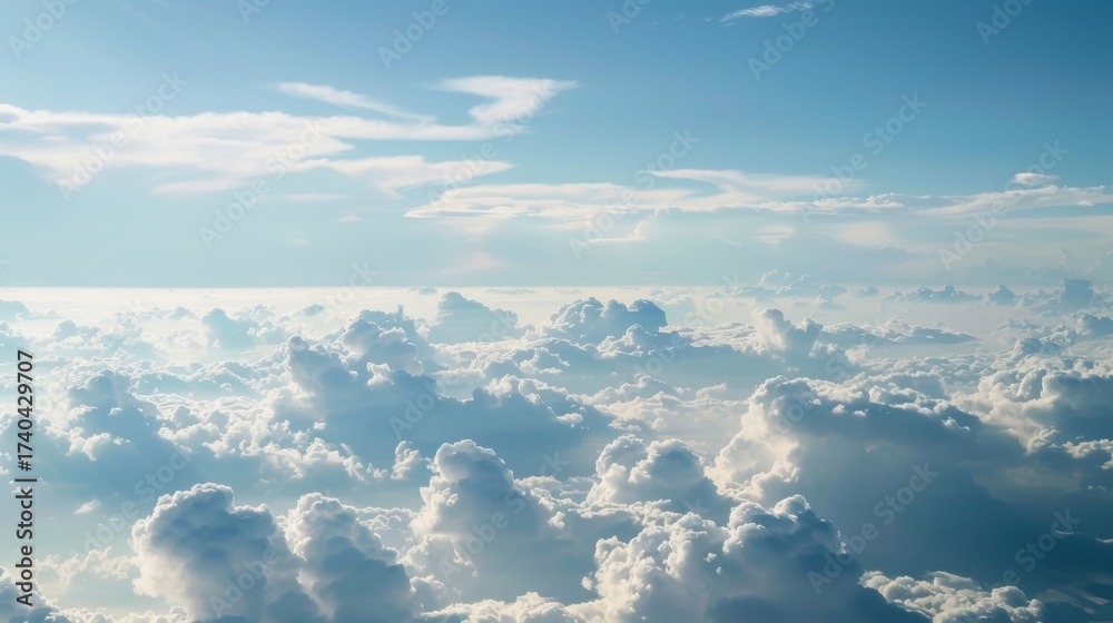 Naklejka premium Aerial Views of the Blue Sky, White Cumulus Clouds and Sunny Day Landscape