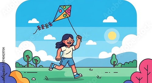 Girl Flying Kite in Park.