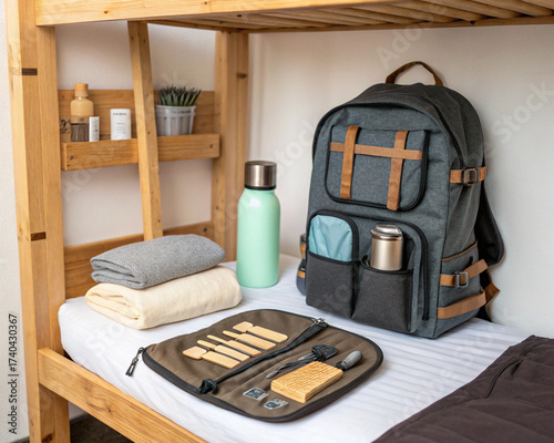 Minimalist zero-waste travel kit laid out on a hostel bed. Sustainable backpacking, eco-friendly travel, responsible tourism, and conscious packing concept.