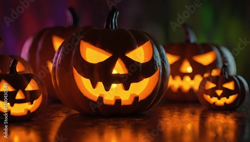 Glowing jack-o-lanterns with spooky faces on a dark background for Halloween.