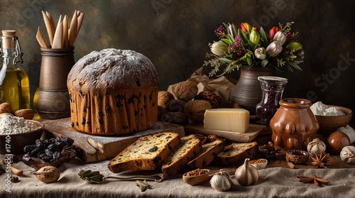 Still life of panettone bread with ingredients like flour, raisins, and nuts on a rustic table