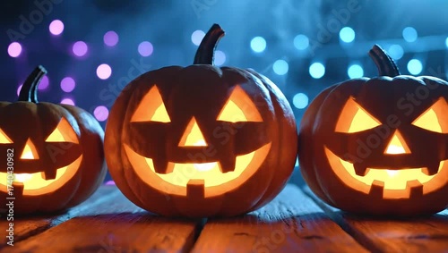 Glowing jack-o'-lanterns on a wooden table with a festive Halloween background of colorful lights