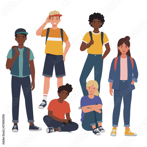 Diverse Group of Teenage Students in Casual Wear with Backpacks.